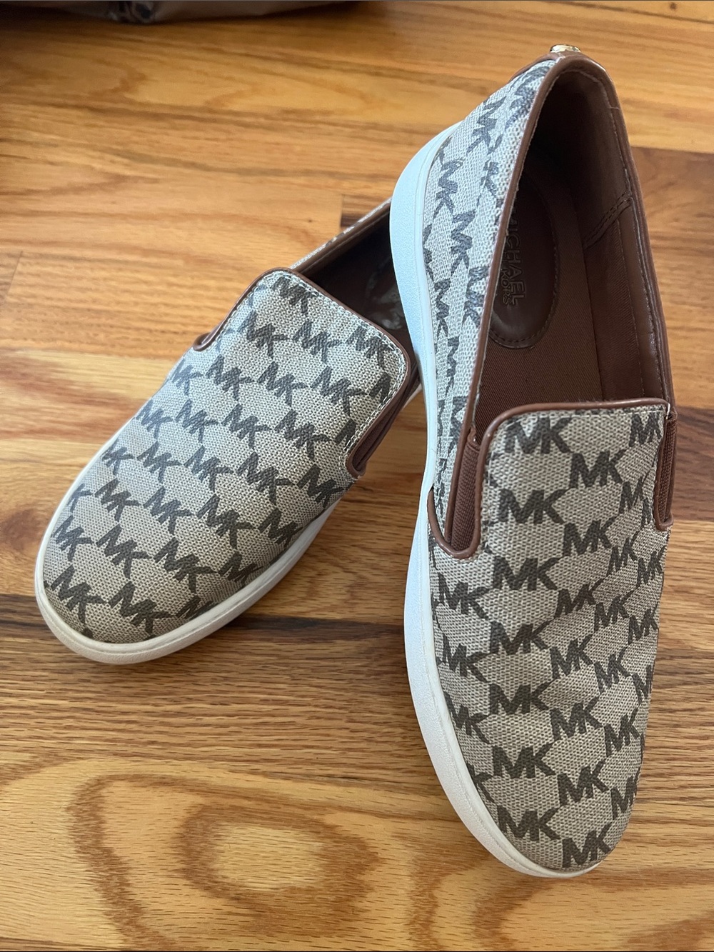 Michael Kors Beige/Tan MK Monogram Slip-On Sneakers.  Size 7.5